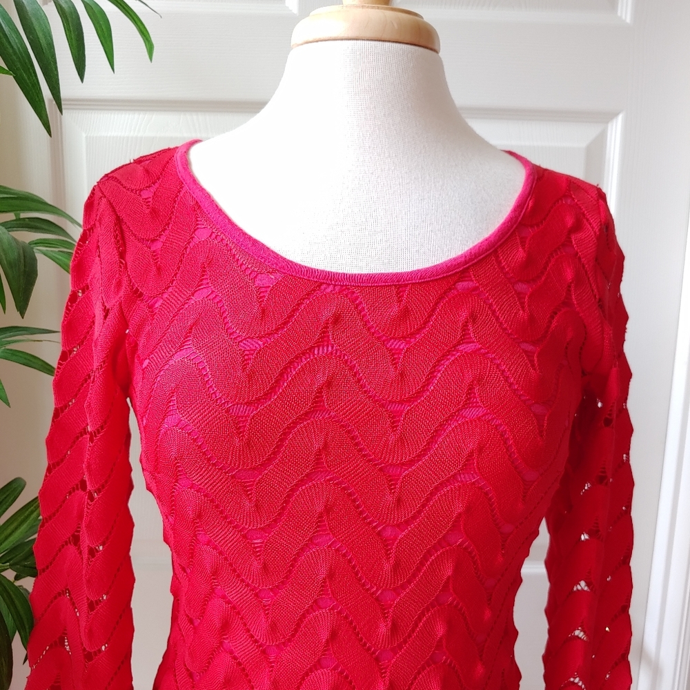 Free People Long Sleeve Scoop Cutout Back Lace Crochet Fitted Dress Pink M - Picture 3 of 8